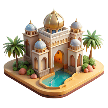 coveted coastal A desert oasis with a Moorish palace, intricate arches and mosaics, palm trees, shimmering heat haze handcrafted png