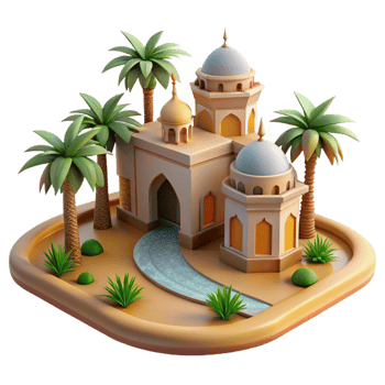 picturesque playful urban A desert oasis with a Moorish palace, intricate arches and mosaics, palm trees, shimmering heat haze genuine png