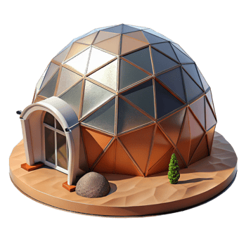 vibrant art deco A geodesic dome house, futuristic design, surrounded by a desert landscape, harsh sunlight ultra HD png