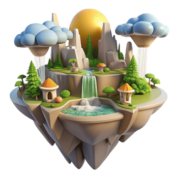 romantic picturesque Floating island city with waterfalls cascading down its sides, lush greenery, vibrant midday sun, dreamlike style genuine png