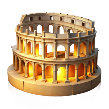 whimsical exquisite Ancient Roman amphitheater, crumbling ruins bathed in golden sunlight, historical painting style elite png