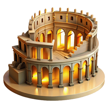 stunning joyful classic Ancient Roman amphitheater, crumbling ruins bathed in golden sunlight, historical painting style 4K png