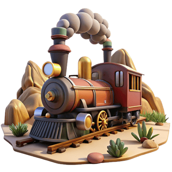 vibrant distinctive A steampunk train speeding through a desert landscape, steam billowing from its smokestack, bright, midday lighting, western style png