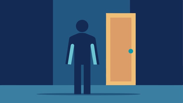 Closed Door A person standing in front of a closed door labeled Opportunities with their own hand blocking the handle representing selfimposed barriers.. vector