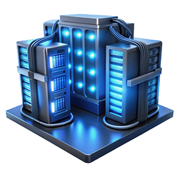 playful gorgeous A server room filled with blinking lights and cables, humming with energy, bathed in cool blue light, in a technological, industrial style artisan png