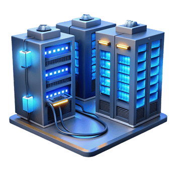 energetic enchanting A server room filled with blinking lights and cables, humming with energy, bathed in cool blue light, in a technological, industrial style ultra HD png