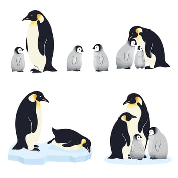 Penguin Family Set with Cartoon Style, and Illustration. vector