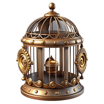 magnificent futuristic A steampunk birdcage, ornate brass bars and intricate decorations, containing a mechanical bird, soft window lighting fine detail png