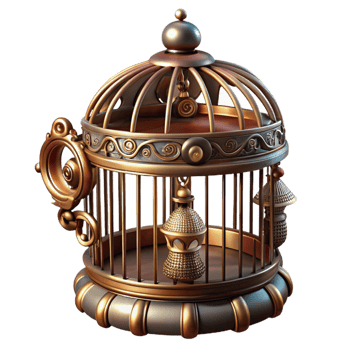 whimsical gorgeous A steampunk birdcage, ornate brass bars and intricate decorations, containing a mechanical bird, soft window lighting precision png