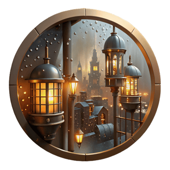 exceptional modern A steampunk cityscape, viewed through a rain streaked window, illuminated by the flickering glow of gaslights. Impressionistic style, muted colors refined png