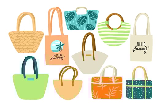 Set of various summer beach bags with vibrant and minimalistic vector