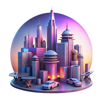 serene classic Futuristic cityscape at sunset, flying vehicles, neon signs, cyberpunk style, dramatic lighting, museum quality png