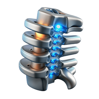 captivating timeless Cybernetic spine implant, metallic vertebrae, glowing circuitry with Transparent Background png