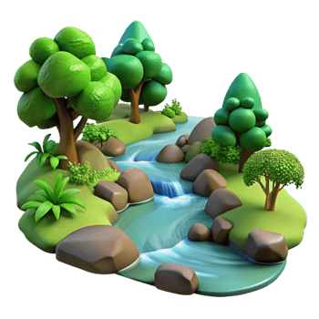 distinguished impressionist A babbling brook flowing through a lush green forest, peaceful and tranquil, realistic style, dappled sunlight ultra HD png