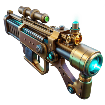 picturesque inspired A steampunk weapon, a rifle with intricate clockwork mechanisms and glowing tubes, resting on a workbench, illuminated by a single spotlight. Detailed, futuristic style png