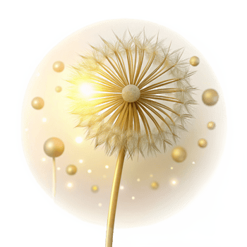 tranquil majestic A single dandelion seedhead, backlit by golden sunlight, bokeh effect, delicate and ethereal, handcrafted png
