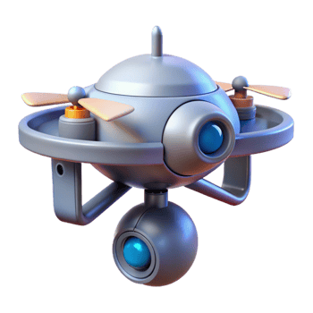 fascinating signature Isolated cutout, concept art style render of a single, levitating, futuristic security camera drone Hyper-specific design with Transparent Background png