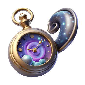immaculate geometric Professional render, concept art style, isolated cutout of a floating, antique pocket watch filled with swirling nebulae with Transparent Background sharp png