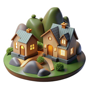 serene classic Hillside Houses Cutout Tranquil Evening Scene Isolated png