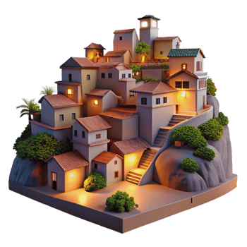 magnificent rustic Hillside Town at Dusk Cutout Transparent Background high resolution png
