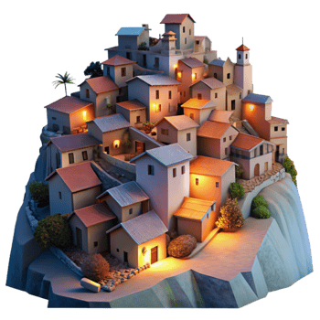 impressive modern Hillside Village at Dusk Transparent Background authentic png