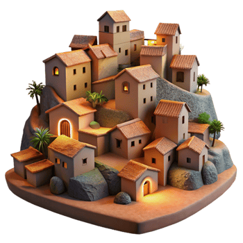 extraordinary contemporary Hillside Village at Dusk Transparent Background high quality png