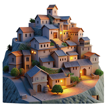 extraordinary classic Hillside Village at Dusk Transparent Background high resolution png