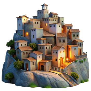 serene artistic Hillside Village at Dusk Transparent Background high quality png