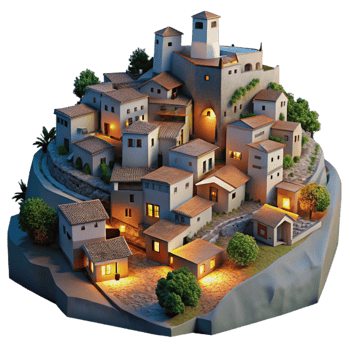 beautiful traditional Hillside Village at Dusk Transparent Background premium png