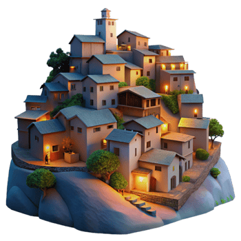 vibrant contemporary Hillside Village at Twilight Cutout Transparent Background premium png
