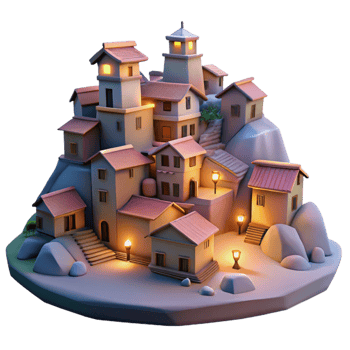 dramatic rustic Hillside Village at Twilight Cutout Transparent Background high quality png