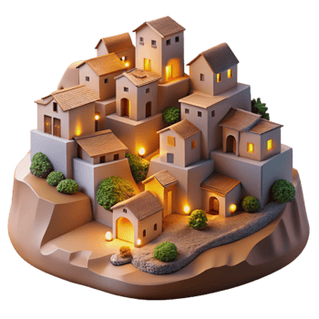 serene artistic Hillside Village Cutout Evening Glow Transparent Background high quality png