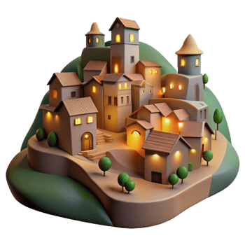 extraordinary artistic Hillside Village Cutout Evening Glow Transparent Background exclusive png