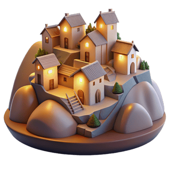 serene rustic Hillside Village Cutout Evening Glow Transparent Background detailed png