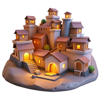 elegant artistic Hillside Village Cutout Evening Glow Transparent Background high quality png