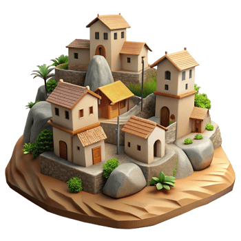 magnificent classic Hillside Village Isolated Softly Lit Scene Transparent Background genuine png