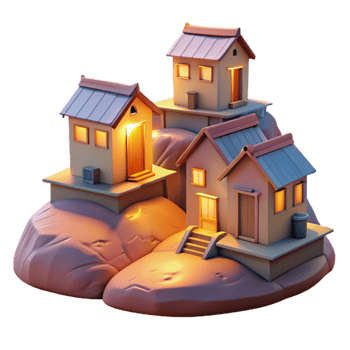 dramatic rustic Hilltop Houses Isolated Evening Glow Transparent Background high resolution png