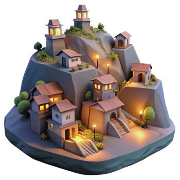 impressive artistic Hilltop Village Isolated Soft Glow at Dusk original png