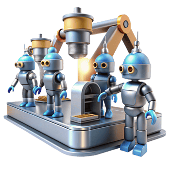 dazzling playful retro A group of robots working in a futuristic factory, industrial lighting, photorealistic, fine detail png