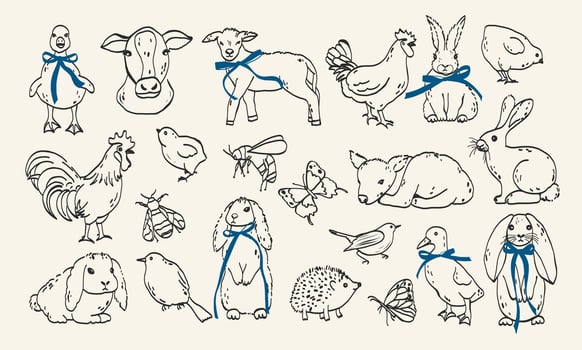 Set of farm animal hand drawn line art icon. Cow, chicken in bow coquette whimsical trendy sketch outline illustration vector