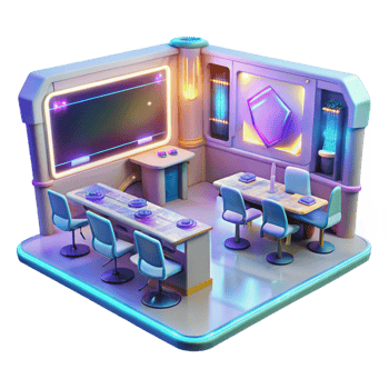 serene bohemian A futuristic classroom, holographic displays, bright lighting, concept art, flawless png