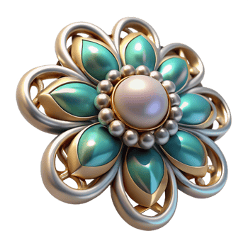 beautiful inspired Photorealistic, professional render, isolated cutout of an Art Nouveau jewelry brooch, silver, enamel, floral motif, with Transparent Background png