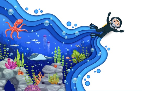 Paper cut underwater landscape, kid diver, fishes vector