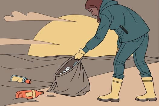 Earth Day drawing of woman picking trash on the beach at sunrise, symbolizing environmental action and change vector