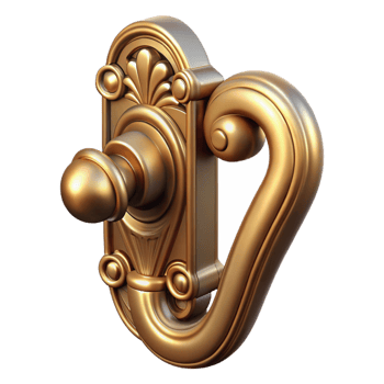 exquisite intense retro Photorealistic, professional render, isolated cutout of an Art Nouveau door handle, brass, ornate, curved design, with Transparent Background museum quality png