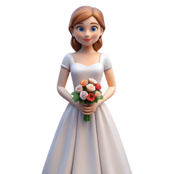 pristine minimalist Bride in white wedding dress with bouquet with Transparent Background perfect clarity png