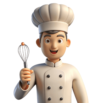 enchanting intense minimalist Chef in uniform holding a whisk with Transparent Background museum quality png
