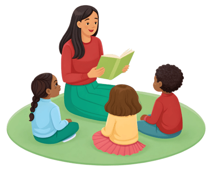 Teacher reading a book to children sitting on a green rug in a classroom setting illustration png