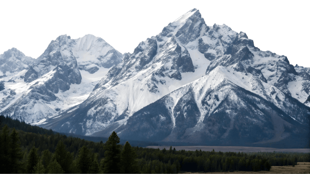 Snowy mountain range with a forest in the foreground creating a scenic landscape view png