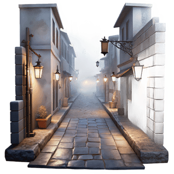 dramatic traditional Isolated Misty Alleyway with High Contrast Lighting png
